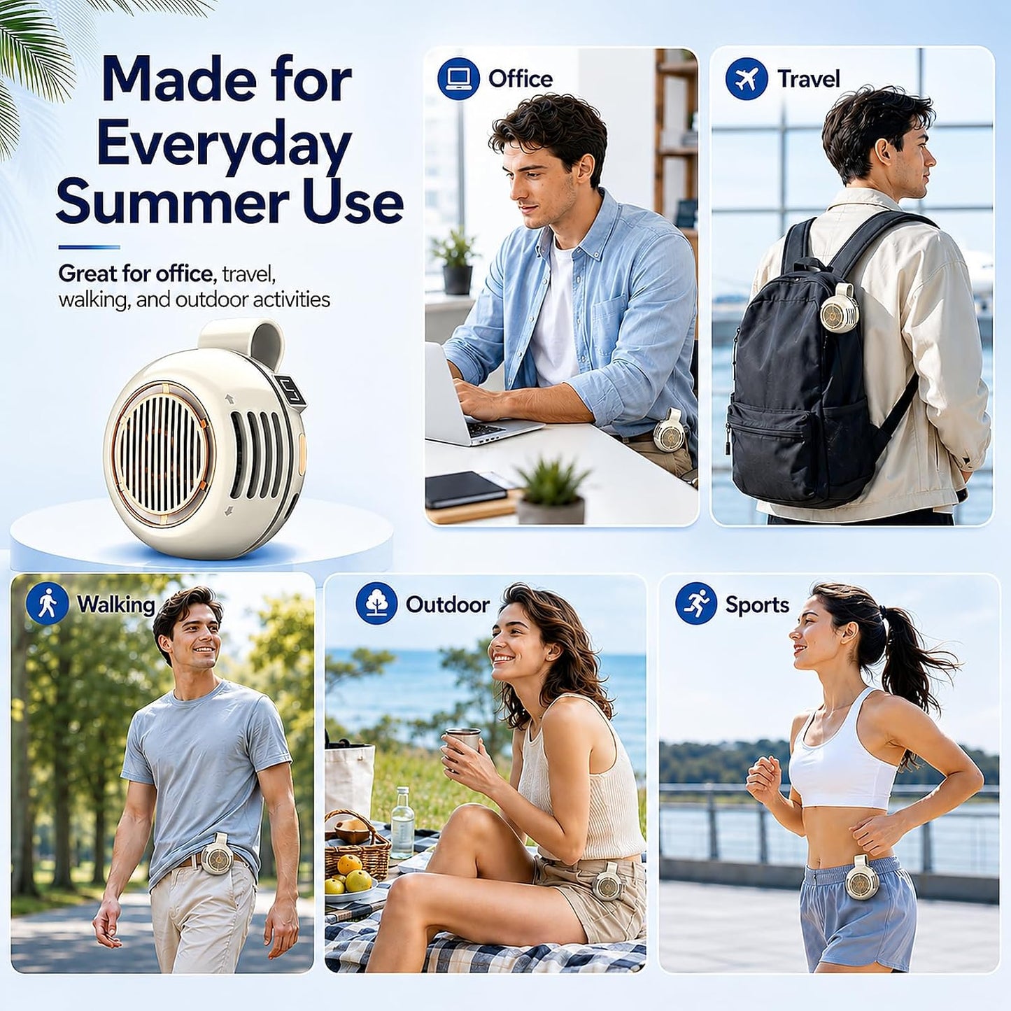 Portable Clip on Fan, Bladeless Waist Clip Fan with 5 Speeds, USB-C Rechargeable Mini Quiet Fan, LED Display, 1000mAh Battery, 82g Lightweight, Up to 6 Hours for Outdoor Office Travel Sports, Beige