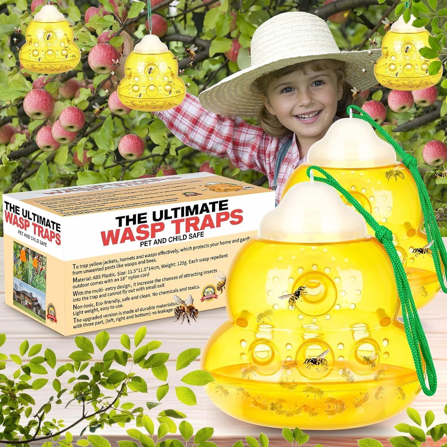 Wasp Trap, Bee Trap Catcher, Outdoor Hanging Wasp Repellent Insect Trap, Non-Toxic Reusable Yellow Jacket Hornet Catcher, Orange - 2 Pack, Safe Easy to Use
