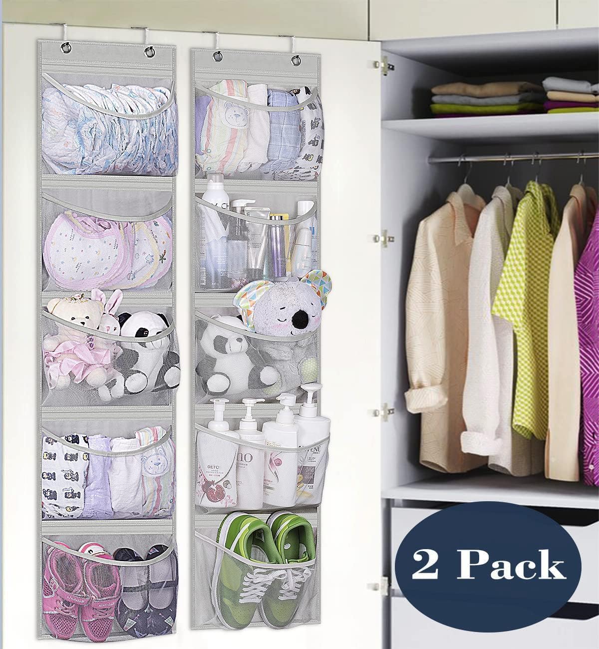 KEETDY Hanging Shelves Over the Door Organizer Storage for Closet with 5 Pockets Organizer for Bedroom Bathroom, 2 Pack（Grey）