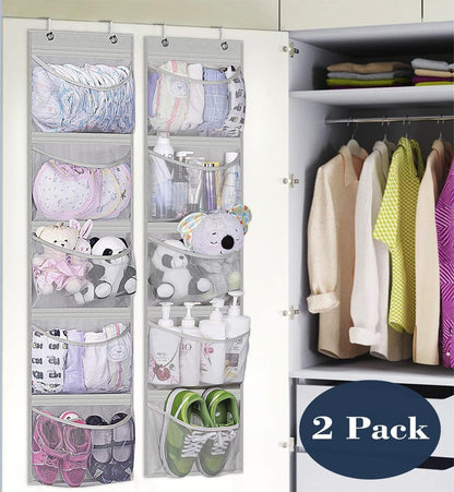 KEETDY Hanging Shelves Over the Door Organizer Storage for Closet with 5 Pockets Organizer for Bedroom Bathroom, 2 Pack（Grey）