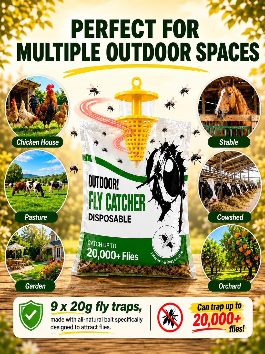 Fly Traps Outdoor 9 Pack – Disposable Hanging Fly Trap Bags with Pre-Baited Water-Activated Attractant, Leak-Resistant Outdoor Fly Trap for Patio, Yard, Barn, Garage & Trash Can