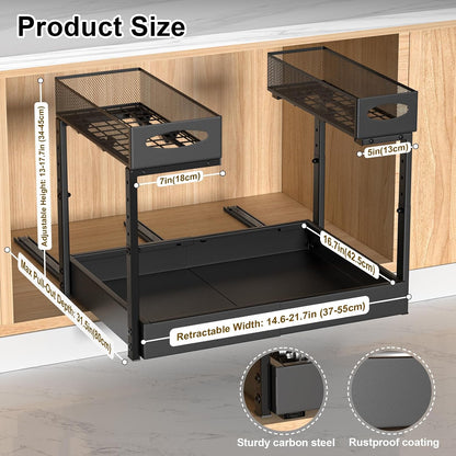 Housolution Under Sink Organizer, 2-Tier Pull Out Cabinet Organizers, Expandable Width 14"-21" & Adjustable Height 13"-17", Metal Cabinet Storage Rack with 3 Slide Rails for Kitchen Bathroom