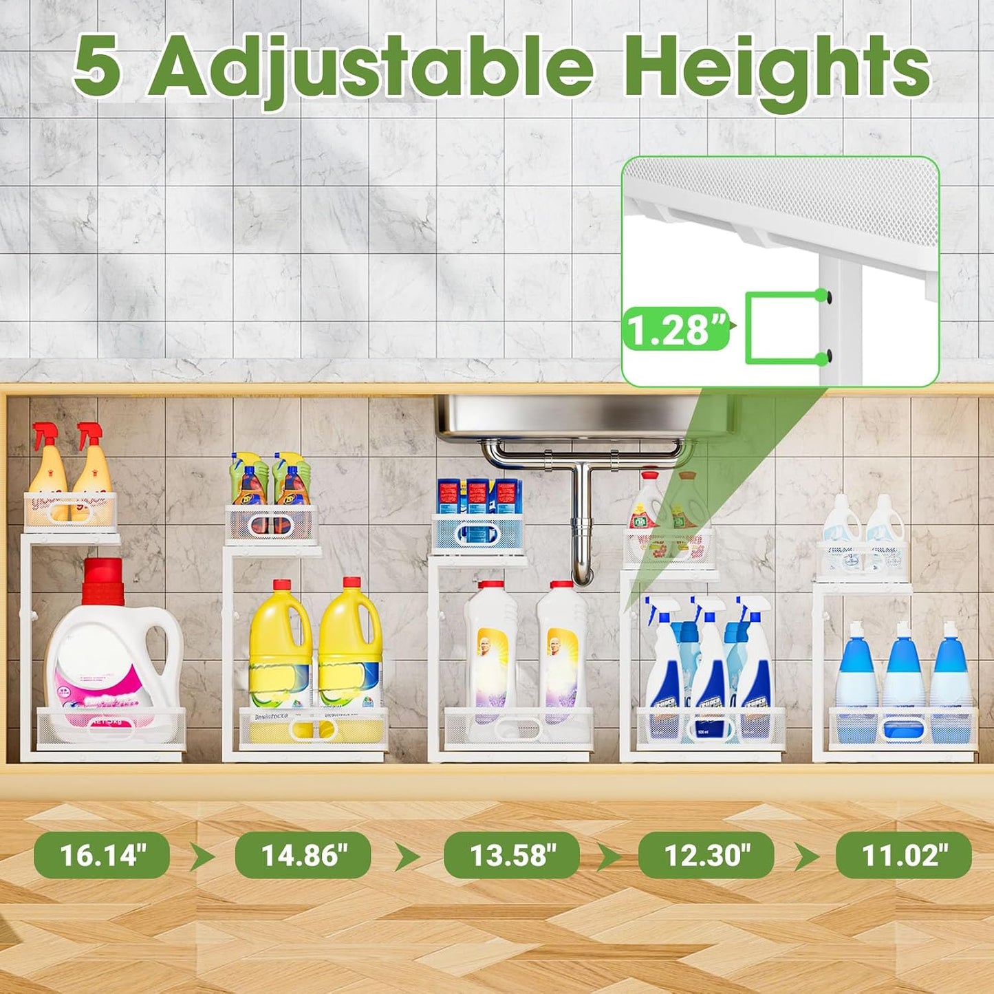 Under Sink Organizer 2-Pack, Metal 2-Tier Pull-Out Cabinet Shelf with Slide-Out Mesh Drawers, Height Adjustable, Space-Saving Under Sink Storage Racks for Kitchen, Bathroom, Laundry Room