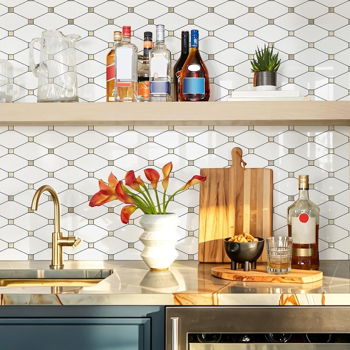 STICKGOO 10 Sheets Peel and Stick Backsplash, Polished Dolomite PVC Mixed Metal Gold Kitchen Backsplash, Stick on Backsplash Wall Tiles for Kitchen, Bathroom, RV