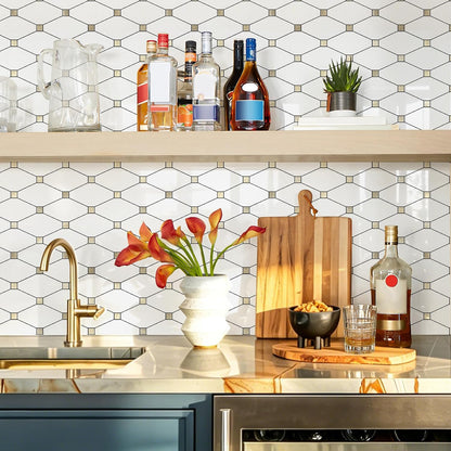 STICKGOO 10 Sheets Peel and Stick Backsplash, Polished Dolomite PVC Mixed Metal Gold Kitchen Backsplash, Stick on Backsplash Wall Tiles for Kitchen, Bathroom, RV