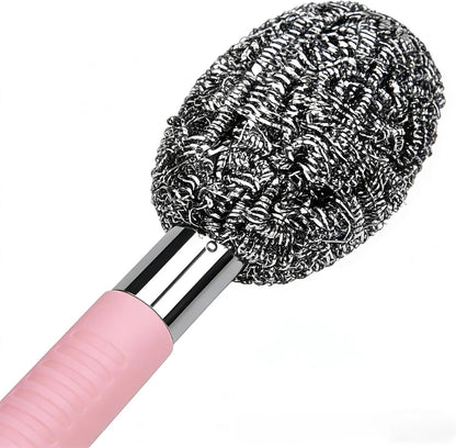 2PCS Steel Wool Scrubber with Handle Rustproof, Cast Iron Scrubber, Stubborn Messes Pot Brush, Remove Dirt for Cleaning Stoves,Sinks Dishes Grills Bowls & Metal Wire Sponge for Kitchens
