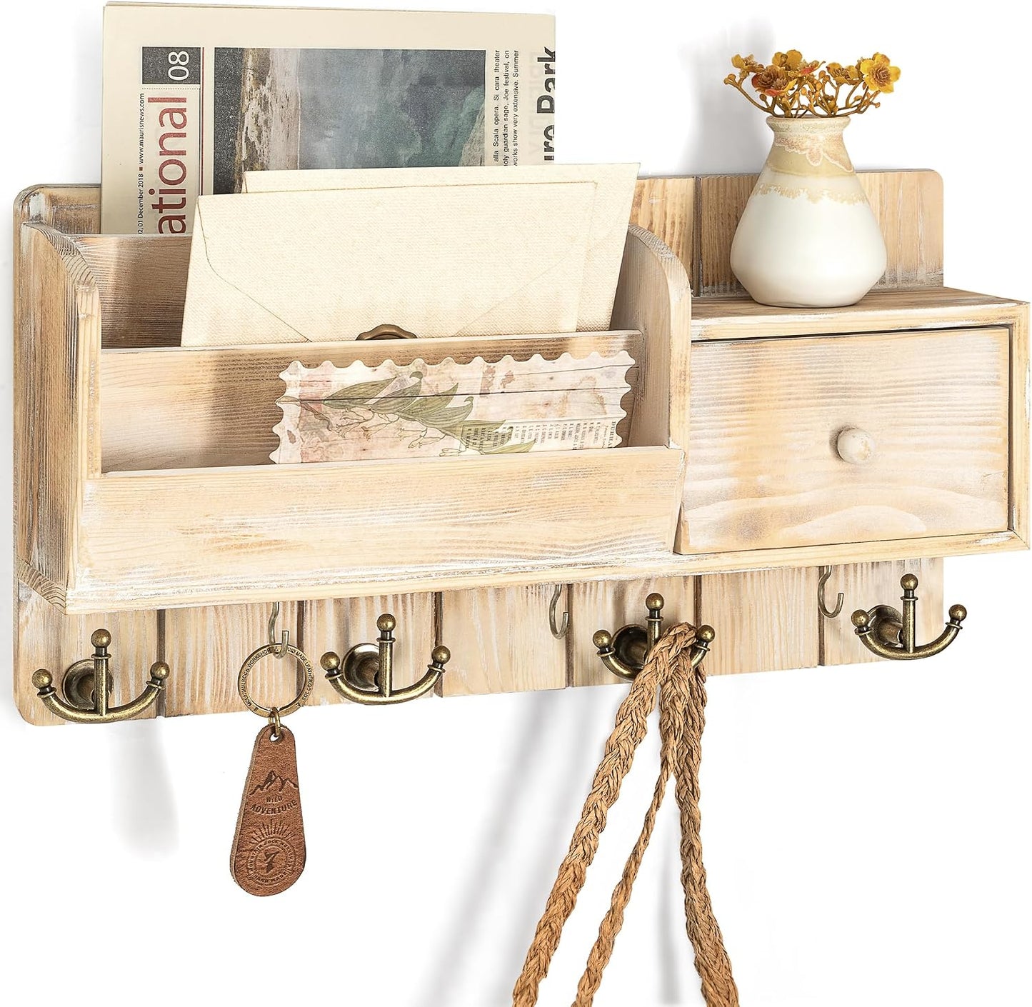 Rebee Vision Key and Mail Holder Wall Mount - Mail Organizer Wall Mount with Storage Hooks and Drawer for Modern Farmhouse Decor - Mail Organizer Wall Mounted for Rustic Apartment Essentials (Brown)