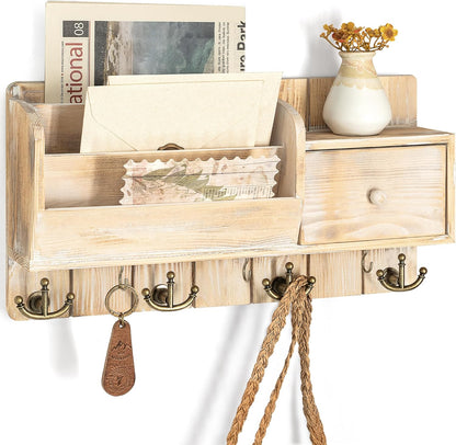 Rebee Vision Key and Mail Holder Wall Mount - Mail Organizer Wall Mount with Storage Hooks and Drawer for Modern Farmhouse Decor - Mail Organizer Wall Mounted for Rustic Apartment Essentials (Brown)