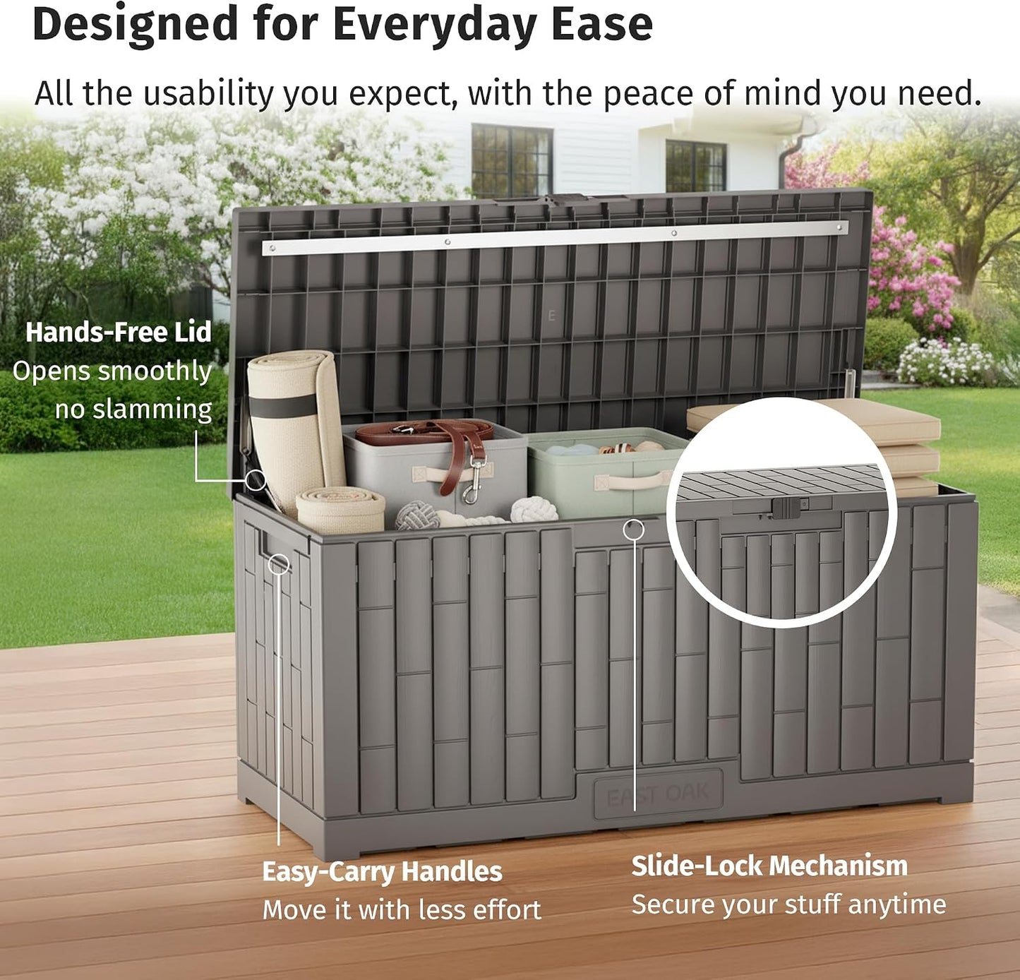 EAST OAK Outdoor Storage Box, 31 Gallon Deck Box Indoor and Outdoor Use, Waterproof Resin Storage Bin for Package Delivery, Patio Cushions, Gardening Tools, Lockable, UV Resistant, Grey
