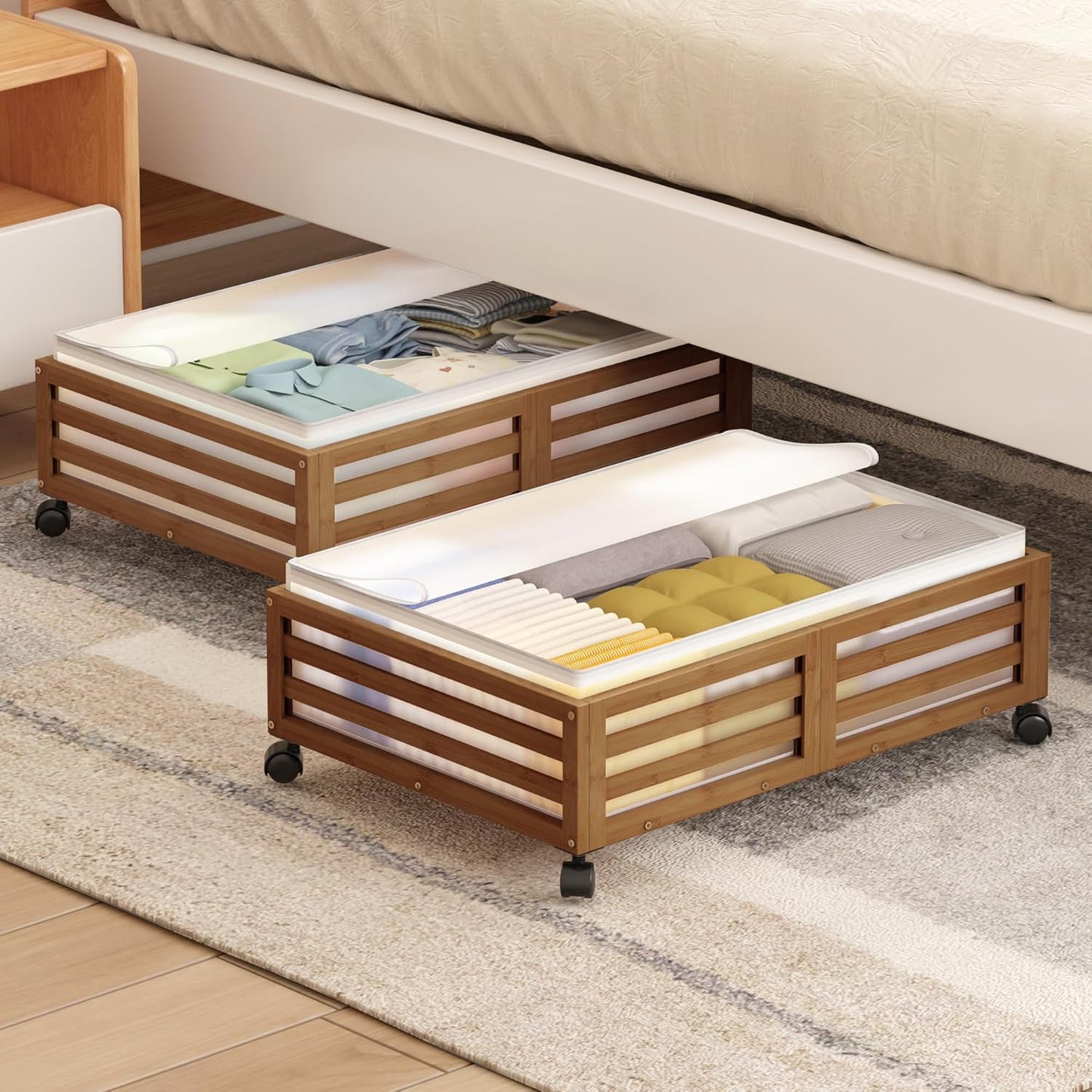 Under Bed Storage with Wheels-Large Bamboo Underbed storage Containers with Large Dust Bag Stackable Under the Bed Shoe Storage Bins for Clothes Books Bedding (2 Packs Nature, 23.62"L×16.54"W× 6.51"H)