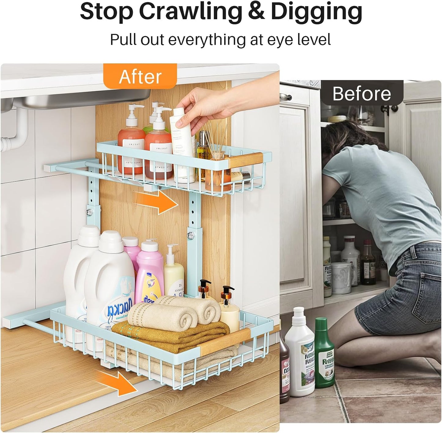 PXRACK Under Sink Organizer, Adjustable Height, 2 Tier Pull Out Under Cabinet Organizer, Slide Out Thickened Metal Under Sink Storage for Kitchen Bathroom Laundry Pantry Cabinet, White, Large-1-Pack
