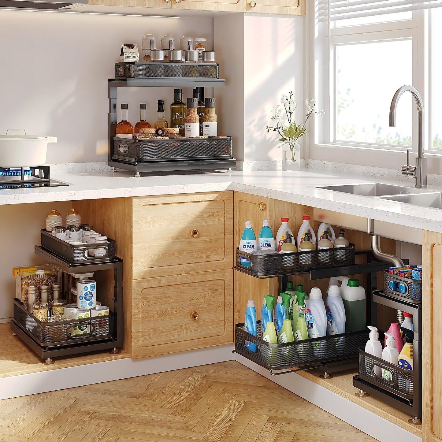 2-Pack Under Sink Storage Organizer with 2-Tier Slide Out Drawer, Sophisticated Mesh Pull Out Shelf for Kitchen & Bathroom, Fits Small Items, Upgraded Arched Track for Smooth Gliding(Patented)