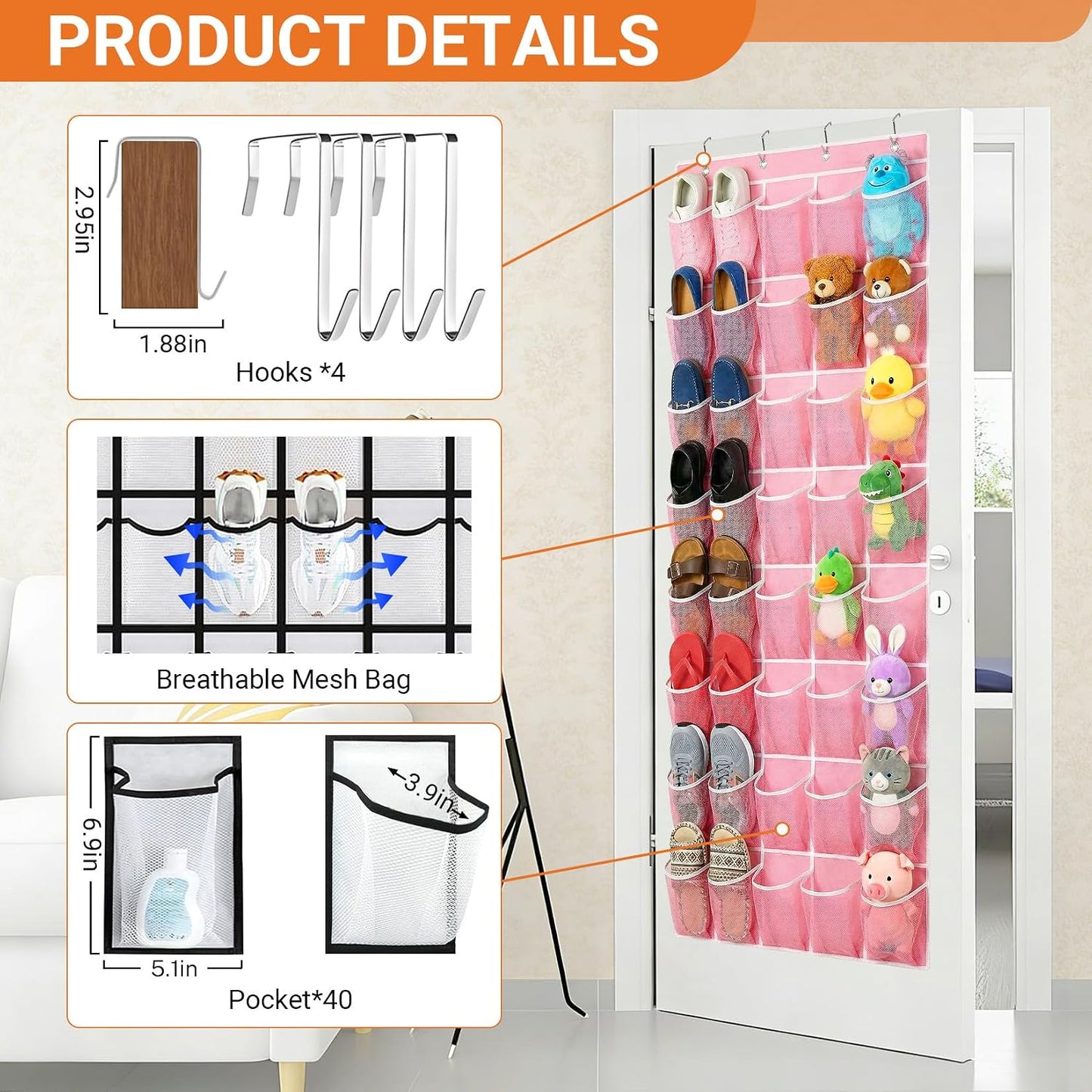 40 Large Mesh Pocket Over the Door Shoe Organizer,Hanging Shoe Rack for Door,Hualleko Shoes Organizer Hanger with Large Capacity, Shoes Storage Holder Sturdy Non-woven Fabric - Stores 20 Pairs (White)