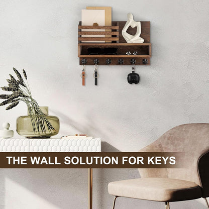 Key and Mail Holder Wall Mount, Key Hanger with Long Storage Box and 5 Hooks for Coat, Dog Leash, Home Decor Rack, House Accessories, Entry Way Organizer 11.8”W x 7.8”H x 3.2”D