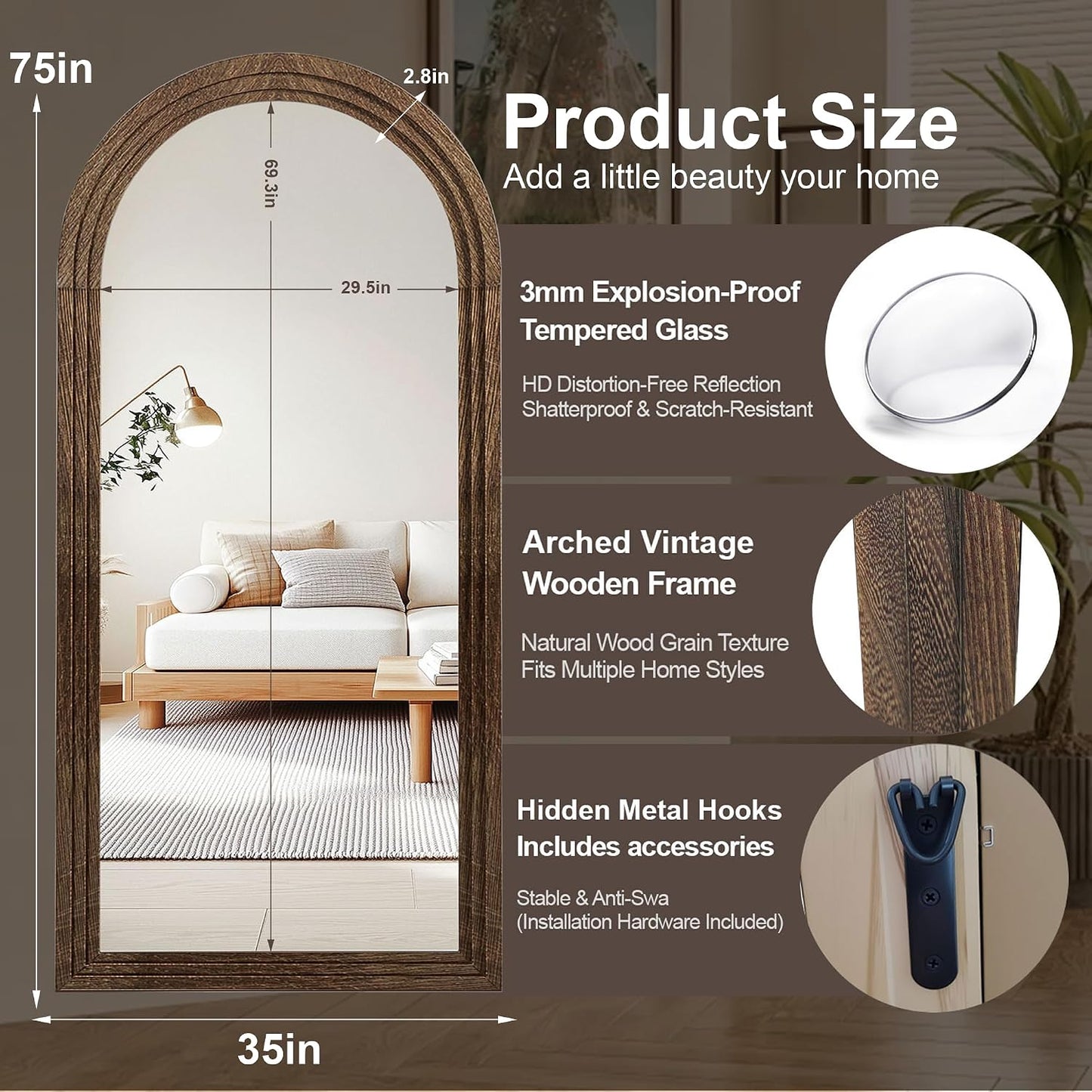 Delma Arched Full Length Floor Mirror with Stand, 75x35 Rustic Farmhouse Solid Wood Frame Wall Mirror for Bedroom, Living Room, Vertical Hanging & Standing(Brown)