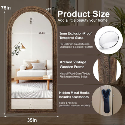 Delma Arched Full Length Floor Mirror with Stand, 75x35 Rustic Farmhouse Solid Wood Frame Wall Mirror for Bedroom, Living Room, Vertical Hanging & Standing(Brown)