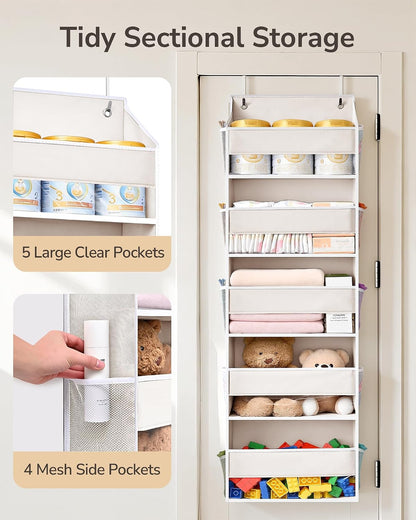 ULG Over the Door Organizer, 5-Tier Extra Large Hanging Storage with 10 Mesh Pockets, 100 lbs Capacity, Heavy Duty Door Organizer for Closet, Bedroom, Nursery Storage, Beige