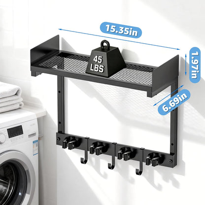 HUFAND Broom Holder Wall Mount, 27" Large Mop and Broom Organizer Wall Hanging with Top Storage Shelf & Vacuum Hook, Heavy Duty Iron Utility Rack for Laundry Room, Garage, Kitchen, Garden - Black