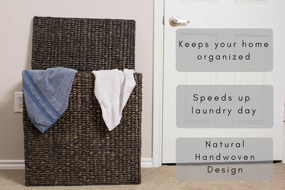 BirdRock Home Water Hyacinth Laundry Hamper Divided Interior (Espresso) | Eco-Friendly | Made of Hand Woven Hyacinth Fibers | Includes Two Removable Cotton Liners Bag | Wicker Laundry Basket with Lid