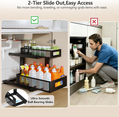 2 Pack Under Sink Organizer with Next-Gen Ball-Bearing Slides,2-Tier Pull Out Cabinet Storage,Height Adjustable Drawer Shelf for Bathroom,Kitchen,Laundry,Cabinet,Pantry(Patent Pending)