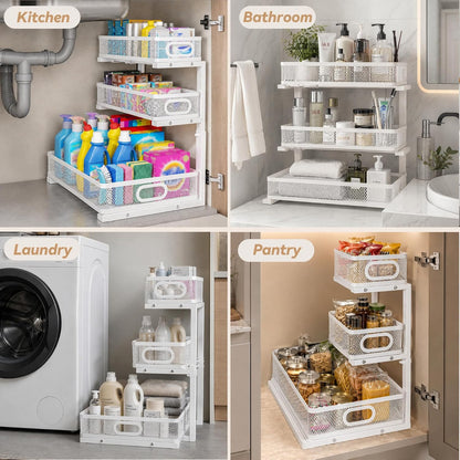 3-Tier Under Sink Organizer 2-Pack Thickened Metal Pull out Cabinet Shelf Height Adjustable Slide Out Drawer Storage Rack for Bathroom Kitchen Pantry Laundry Home Office Organization (Black)