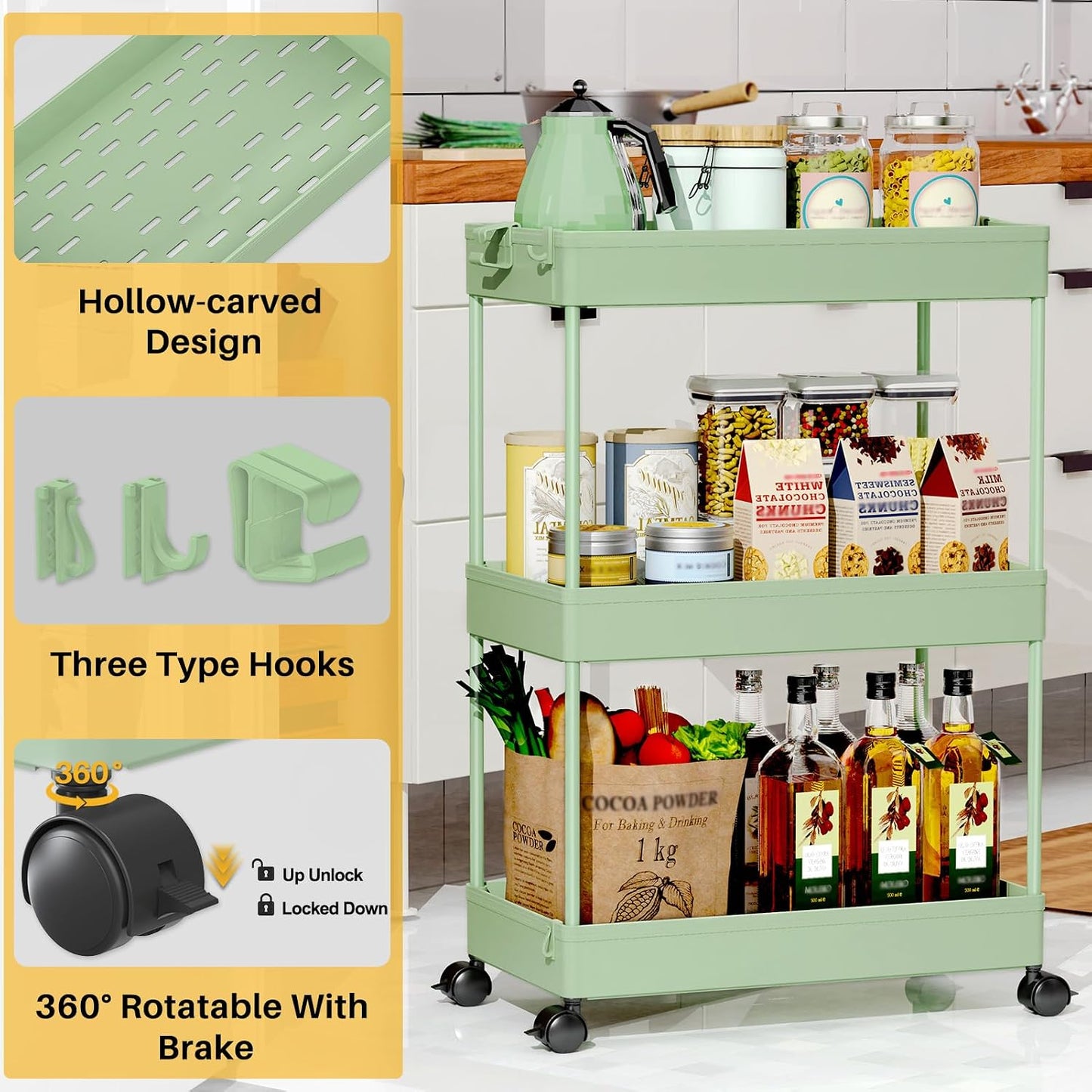 SPACEKEEPER 5-Tier Rolling Cart, Bathroom Storage Organizer Utility Cart, Mobile Shelving Unit Slide Out Shelves for Kitchen Living Room Laundry Room & Dressers, Black