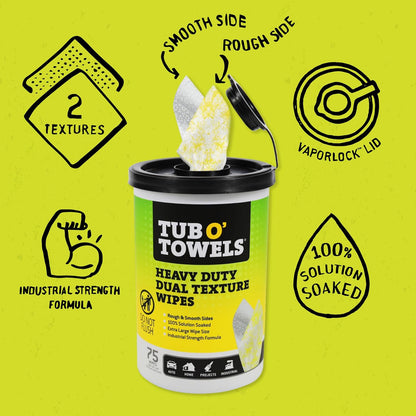 Tub O' Towels TW75 Heavy-Duty Multi-Surface Cleaning Wipes, Pack of 1 – XL 10" x 12" Dual-Texture Wipes – Helps Remove Grease, Oil, Tar, Paint, Ink & Tough Messes – For Home, Garage, Auto & Workshop
