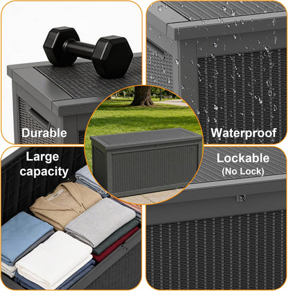 ROJIK 340 Gallon Deck Box Outdoor Waterproof,Weatherproof Outdoor Storage Boxes Lockable with Lid,Outside Resin Storage Bench for Patio Cushions,Garden Tools and Pool Accessories(Black)