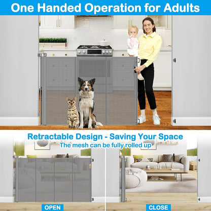 42 Inch Extra Tall Retractable Baby Gates with Reinforced Strips 55 Inch Wide Outdoor Retractable Dog Gate No Sag Extra Tall Baby Gate for Doorway Anti-Scratch Mesh Gates for Kids or Pets, White