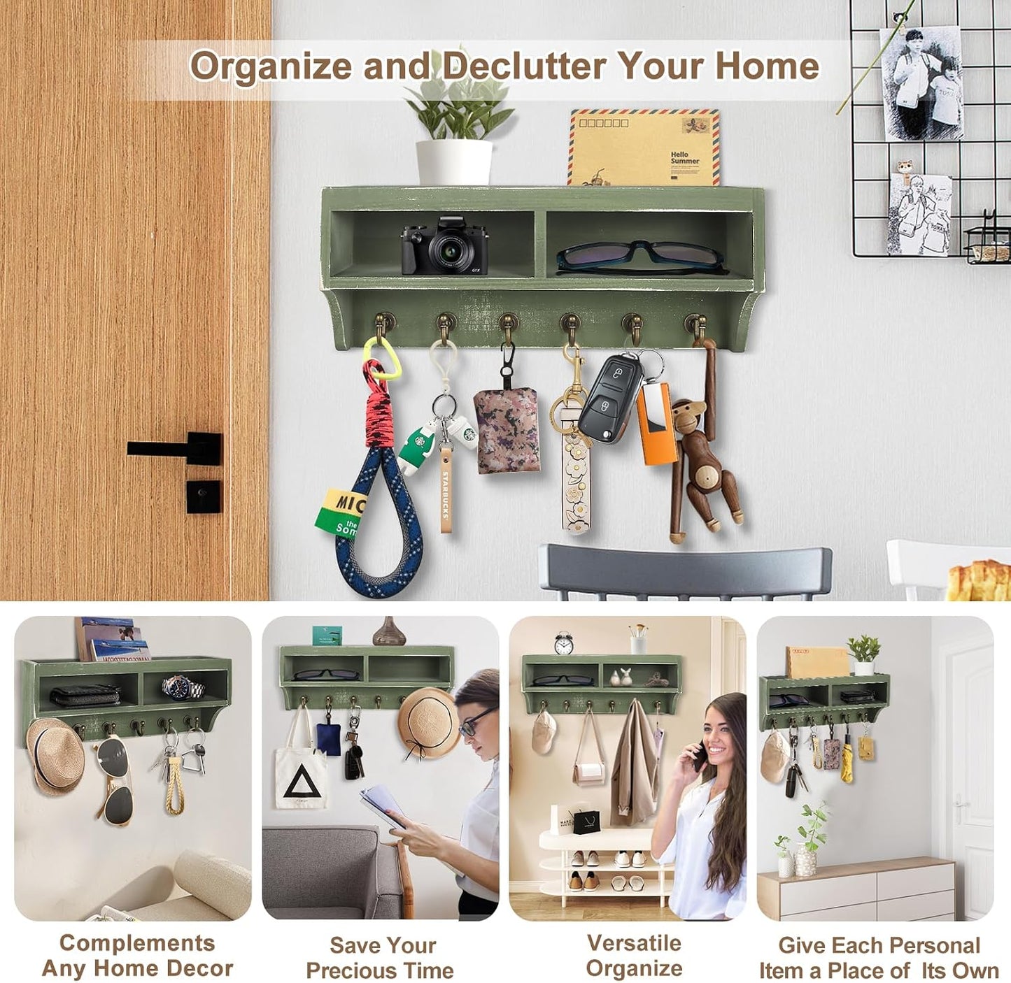 Key Holder Wall Mount - Mail Organizer Wall Mount with 6 Key Hooks and Storage Box for Sunglasses Storage and Dog Leash Holder Home Decor Rack Apartment Farmhouse Shelf Entryway Organizer (Black)