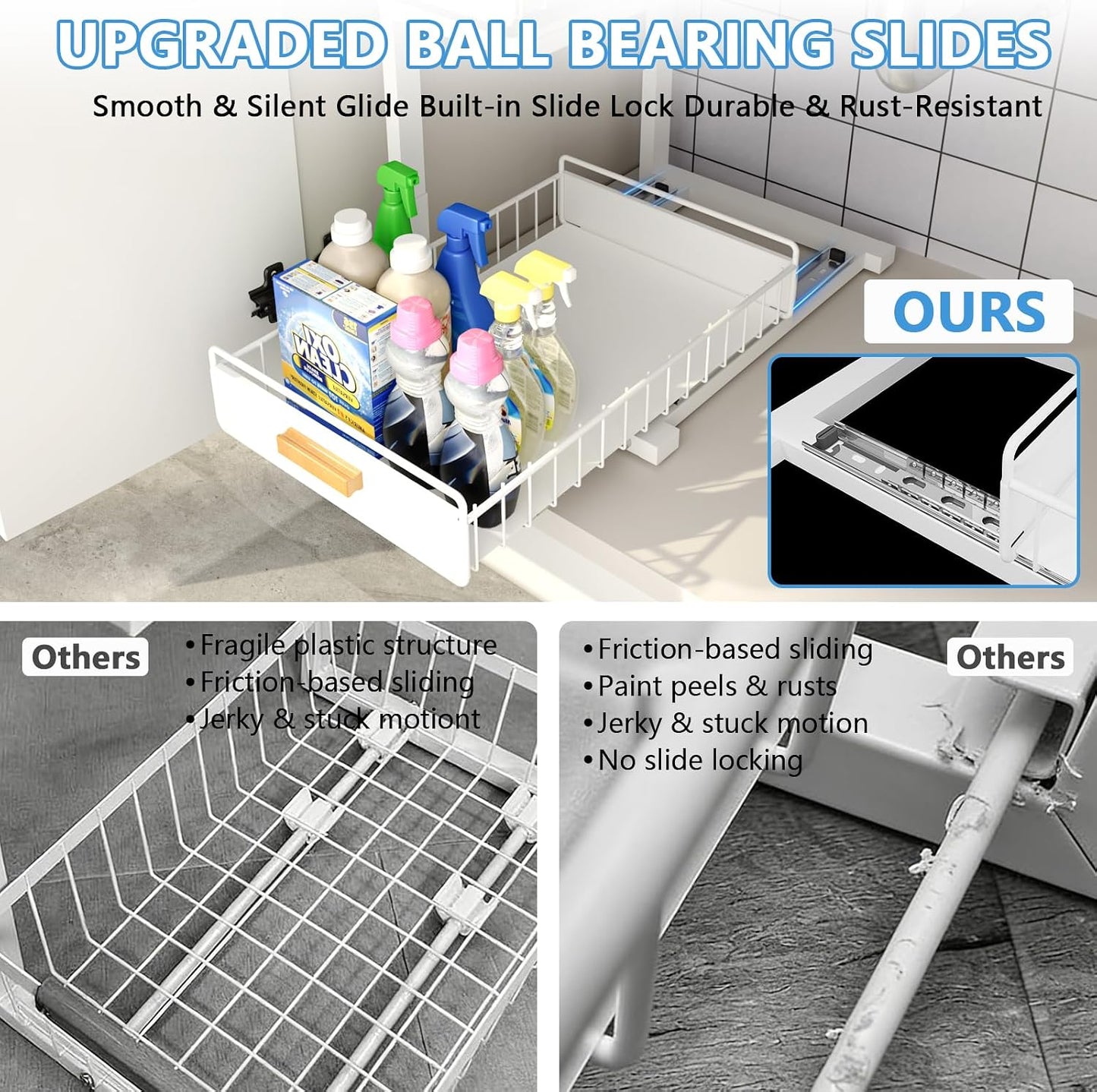 Under Sink Organizer Kitchen - Upgraded Professional Rails, 2 Tier Dual Pull Out Cabinet Storage, Height Adjustable Under Sink Storage, Metal Sliding Drawer for Kitchen & Bathroom, White, 2 Pack