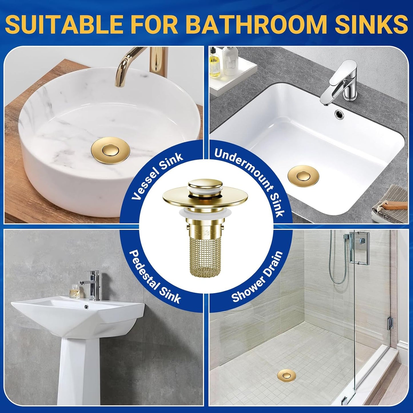 2PCS Bathroom Sink Stopper Strainer, Pop-Up Bathroom Sink Drain Strainer with Removable Stainless Steel Hair Catcher Basket, Universal Fit for US Bathroom Sinks, Bathtubs, Showers & Floor Drains