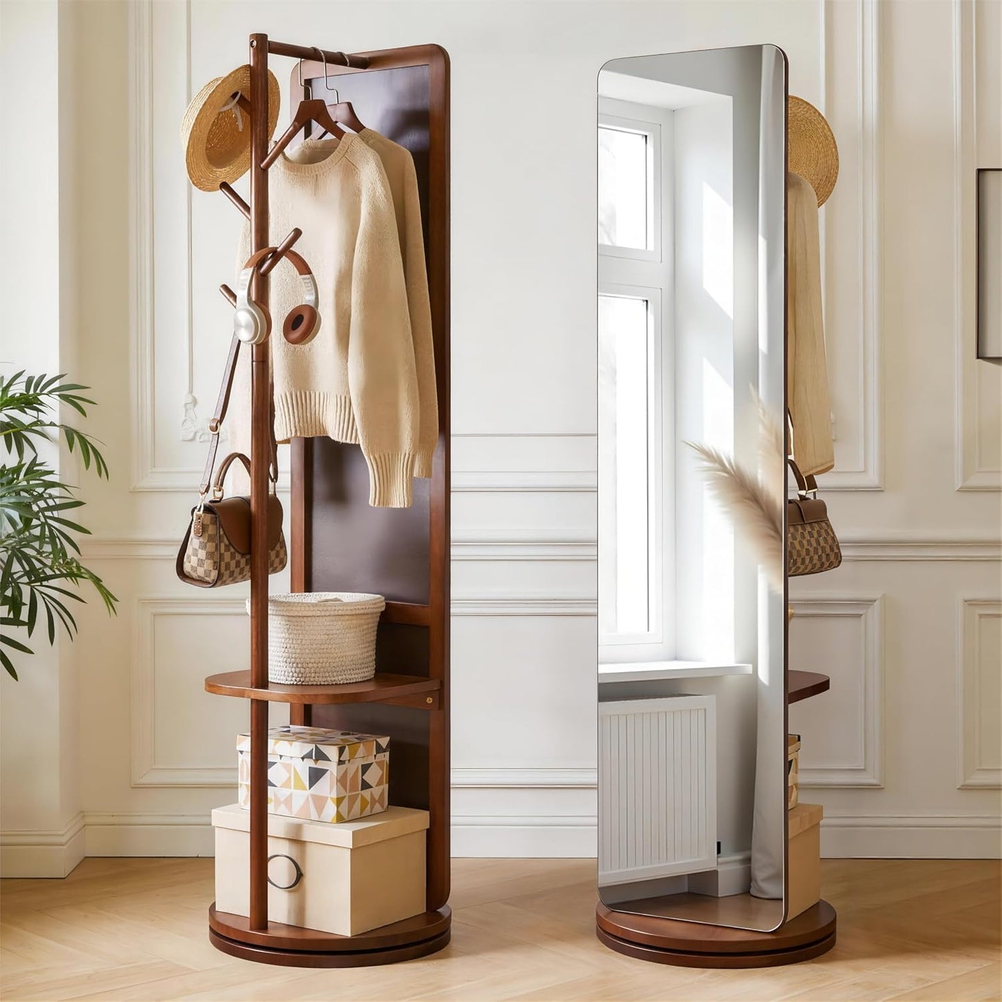 360° Swivel Full Length Mirror for Bedroom, 70" Floor Standing Mirror with Coat Rack & Hooks & Shelf, Solid Wood Frame, Space-Saving for Living Room, Closet, Entryway, Walnut