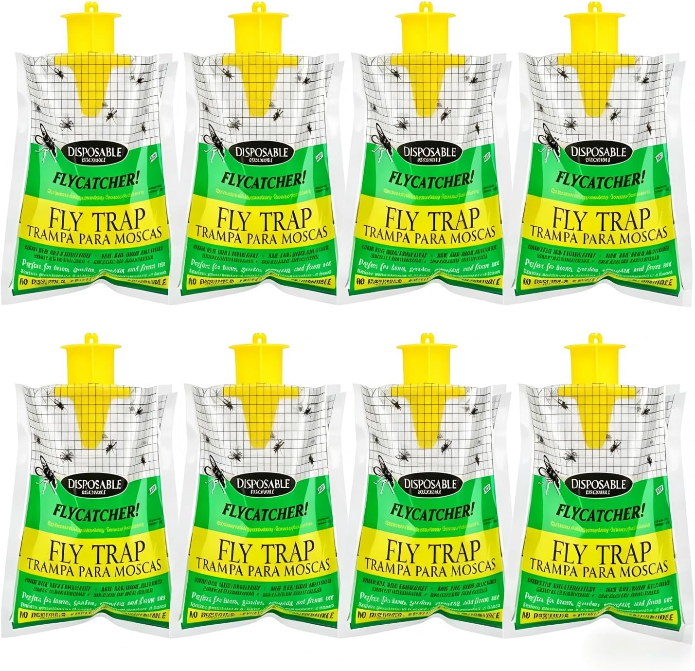 8-Pack Hanging Fly Trap Set with Disposable Bags; Includes Bait, Non-Toxic; Ideal for Backyards, Farms, Barns, Patios, and Gardens