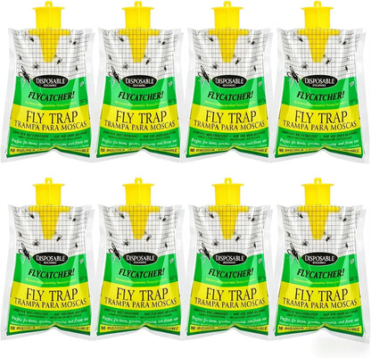 8-Pack Hanging Fly Trap Set with Disposable Bags; Includes Bait, Non-Toxic; Ideal for Backyards, Farms, Barns, Patios, and Gardens