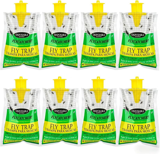 8-Pack Hanging Fly Trap Set with Disposable Bags; Includes Bait, Non-Toxic; Ideal for Backyards, Farms, Barns, Patios, and Gardens