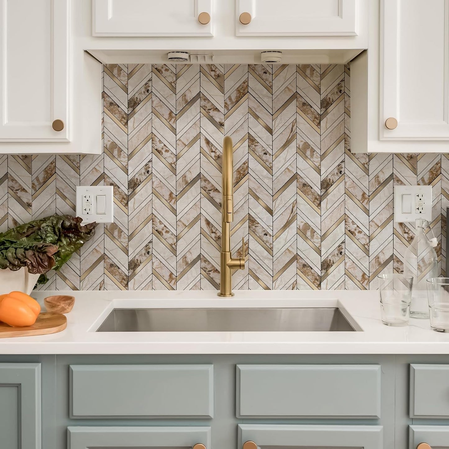Yipscazo 10-Sheet Herringbone Backsplash Peel and Stick Tile, Polished White PVC Stick on Backsplash for Kitchen, Waterproof Self Adhesive Wall Tile for Bathroom