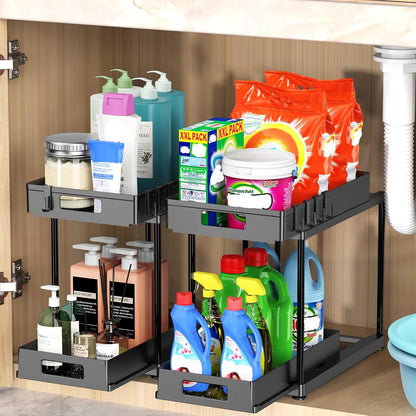 2 Pack Under Sink Organizer with Pull-Out Drawer, Black | 2-Tier Cabinet Storage, Kitchen & Bathroom, Tool-Free Assembly, Fits Cleaning Supplies & Toiletries, Space Saving