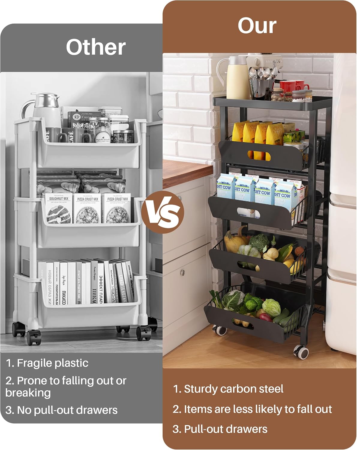 4 Tier Slim Fridge Side Cart with Slide Track Pull Out Baskets, Rolling Metal Kitchen Gap Storage Trolley
