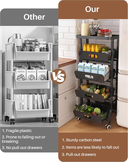 4 Tier Slim Fridge Side Cart with Slide Track Pull Out Baskets, Rolling Metal Kitchen Gap Storage Trolley
