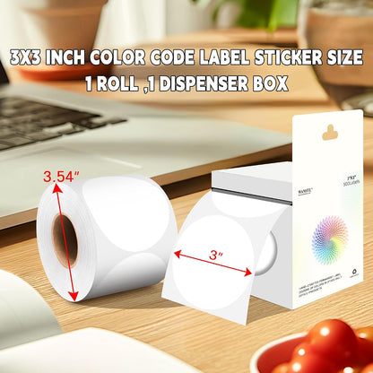 3 Inch White Color Code Dot Stickers,500 PCS Round Labels Stickers in Dispenser Box for Organization, Inventory,Classroom