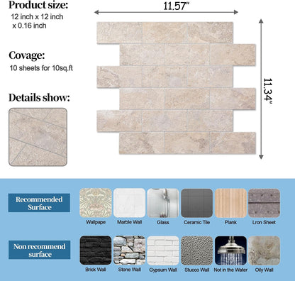 2026 New Upgrade Peel and Stick Backsplash Tile, Peel and Stick 11.34" X 11.57" Wall Tile for Kitchen, Bathroom, Fireplace, Laundry (Beige Ecru, 10 Packs)