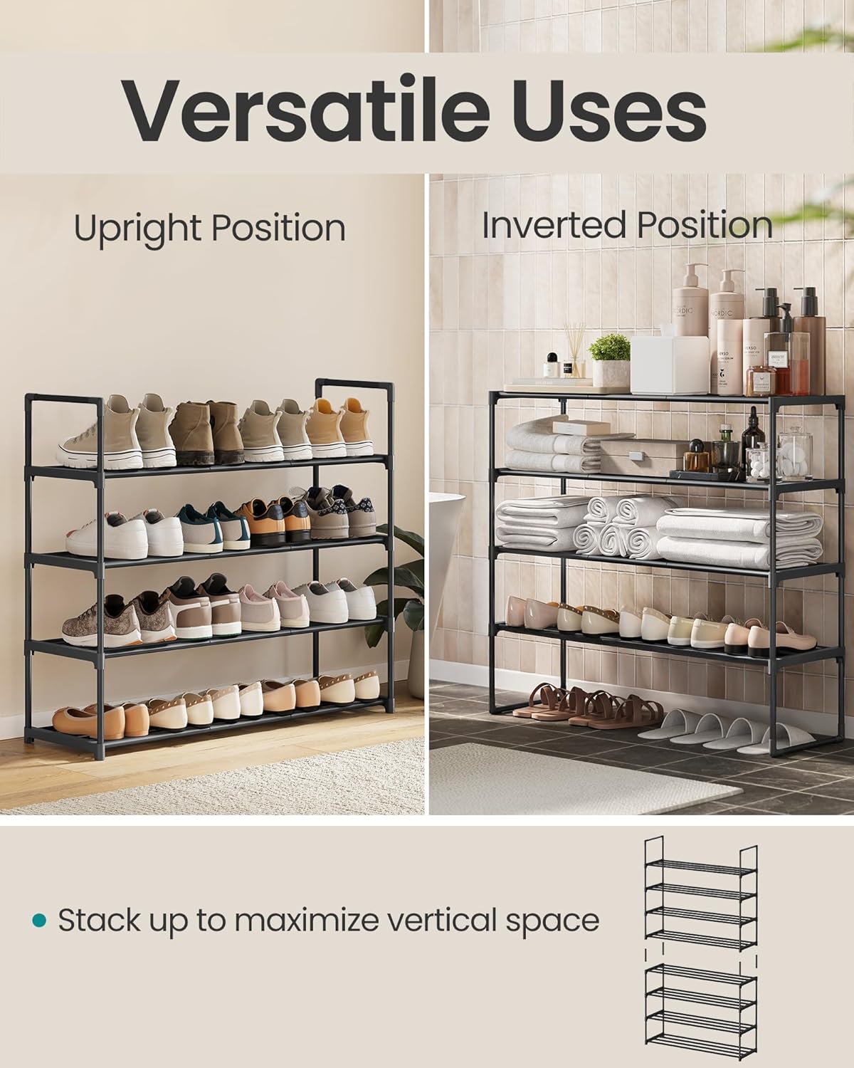 SONGMICS Shoe Rack, 6-Tier Shoe Organizer, Metal Storage Shelf, Upright or Upside Down, for 24-30 Pairs, Stackable, for Entryway, 11.8 x 36.2 x 42.7 Inches, Black ULSA306BH01