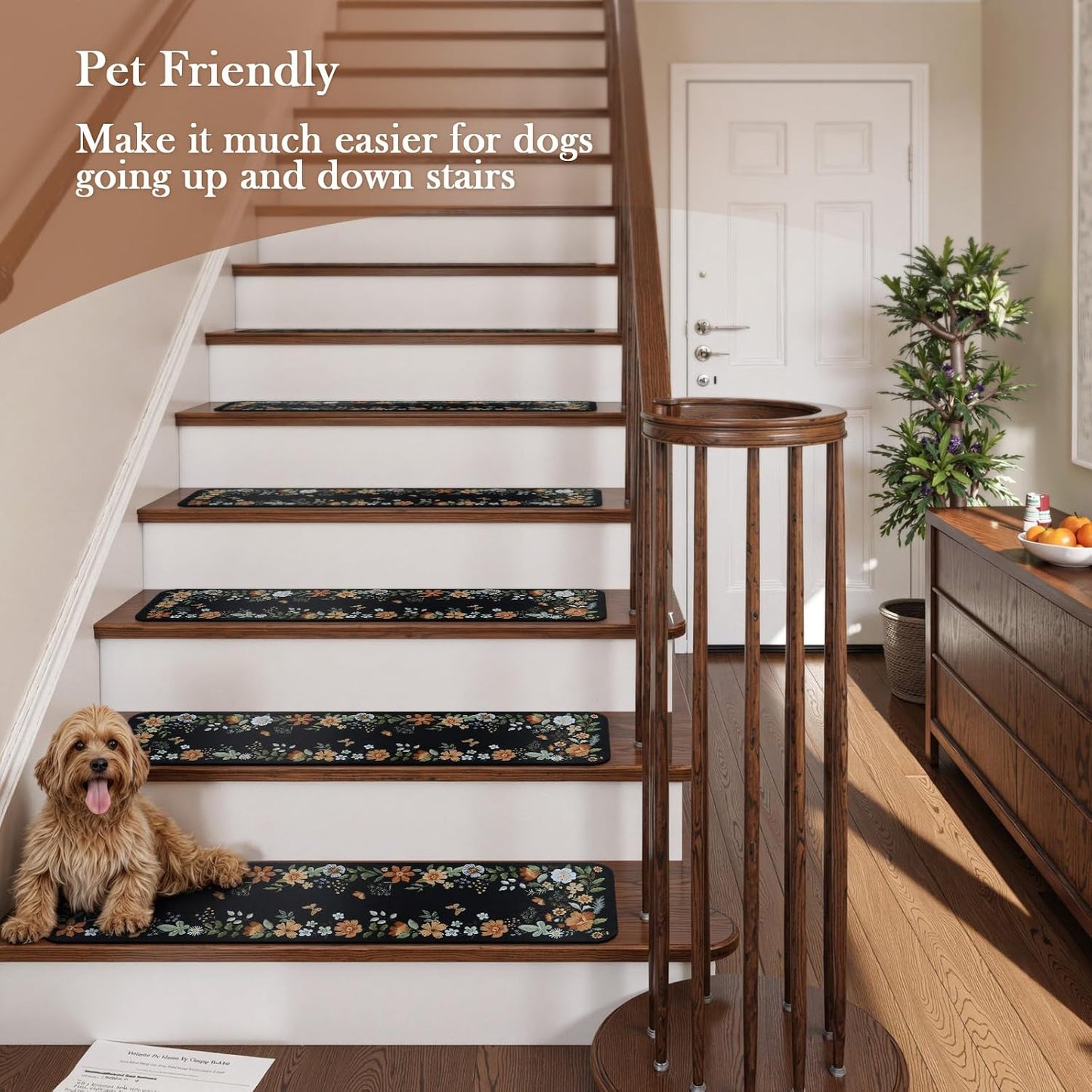 OJIA Floral Stair Treads Non-Slip Carpet Stair Treads for Wooden Steps Indoor 15PCS 30"x8" Stair Runner Stair Mats Staircase Step Treads for Kids, Elders and Dogs, Stair Covers, Black
