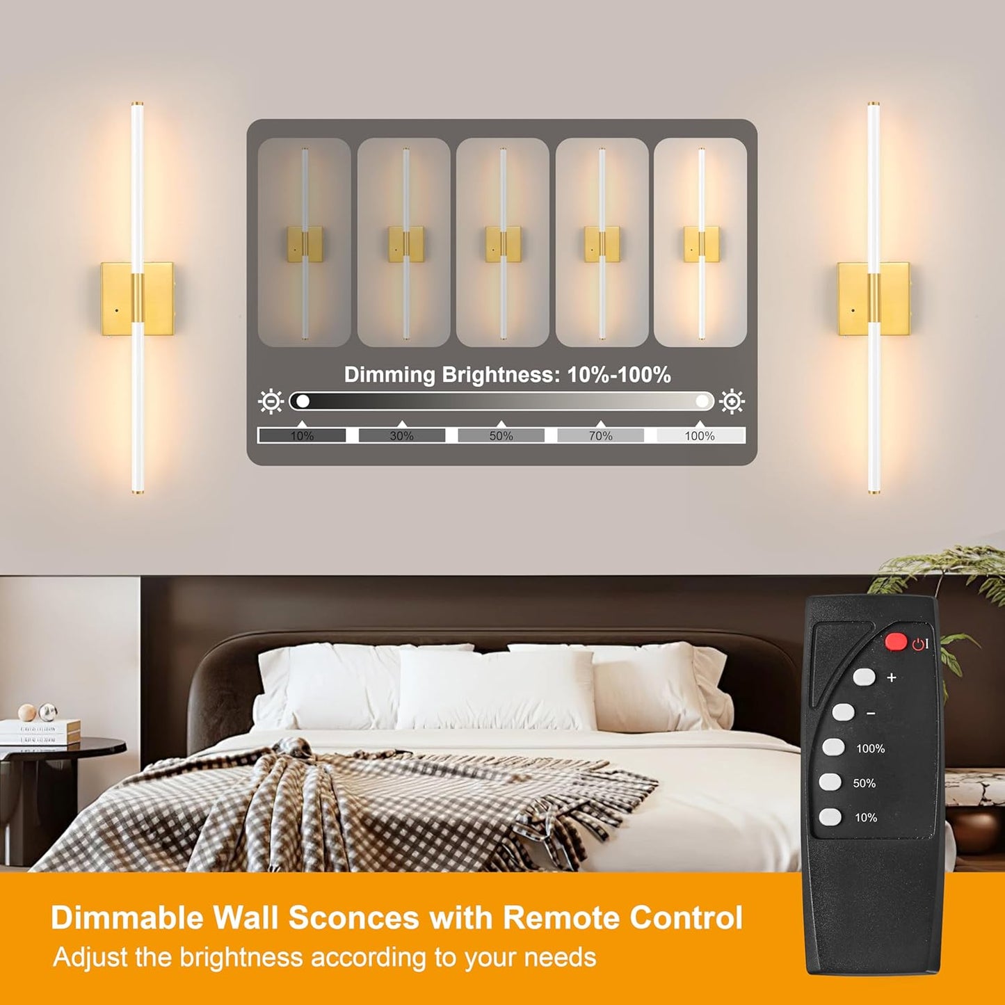 Morauroral Battery Operated Wall Sconces Set of 2, 10000mAh Rechargeable Sconces, 3000K-6000K Dimmable LED Wall Lamp with Remote, 24 Inch Black Gold Wireless Wall Lights for Bedroom, Living Room