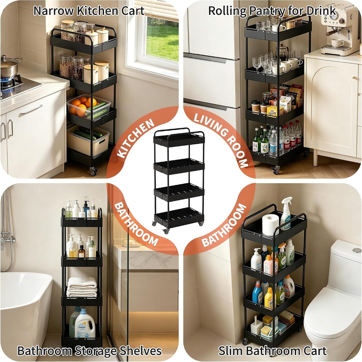 HOTEAGLE Three Tier Rolling Cart, Adjustable Width & High Adaptability | Metal Utility Storage Carts with Wheels, Ideal Storage Organizer for Livingroom, Kitchen and Bathroom
