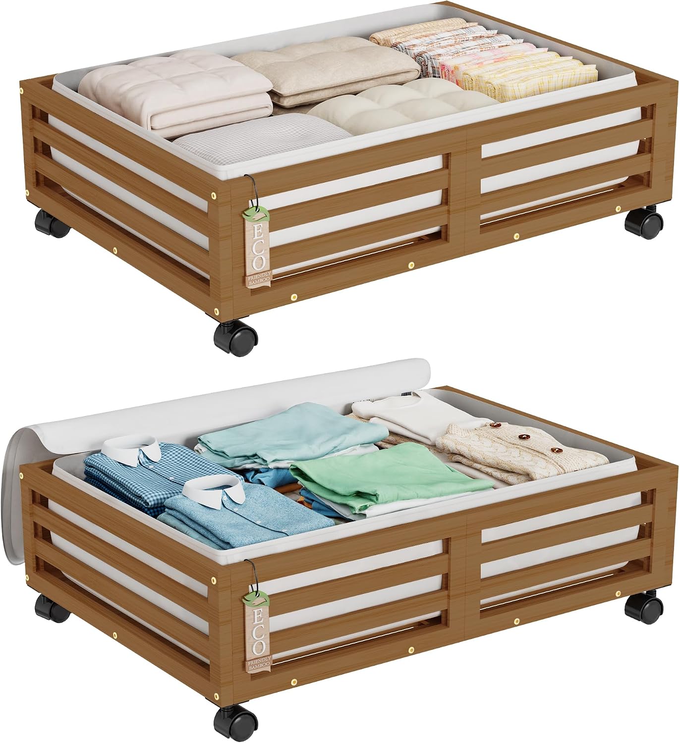 Wisuce 2 Packs Bamboo Under Bed Storage Organizer with Wheels White Small | 360° Lockable Wheels,120lbs Load Capacity, Multi-scene ,Dustproof Clear Storage Bag, Large Capacity,Easy Quick Assembly