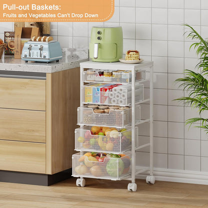 4 Tier Kitchen Rolling Cart, Kitchen Storage Cart with Wheels, Adjust Pantry Organizer and Storage Cart with Drawer, Fruit Vegetable Spice Storage Cart, Wooden Top Metal Kitchen Organizer Rack Stand
