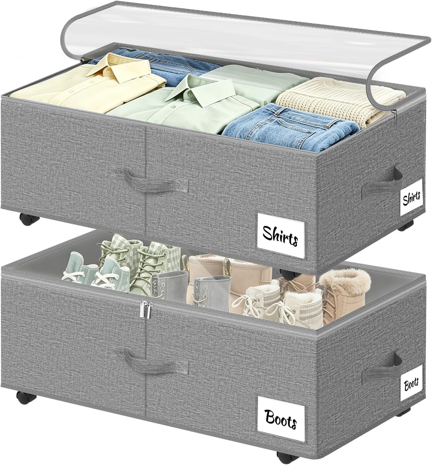 Under Bed Storage with Wheels, 2 Pack Underbed Storage Containers with Clear Lid & Label, XXL 75L Easy Assembly Rolling Under Bed Shoe Storage for Clothes, Shoes, Blankets, Black(28.3 X 16.5 X 9.5 in)