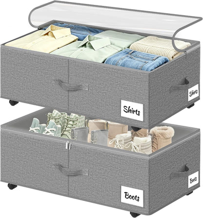 Under Bed Storage with Wheels, 2 Pack Underbed Storage Containers with Clear Lid & Label, XXL 75L Easy Assembly Rolling Under Bed Shoe Storage for Clothes, Shoes, Blankets, Black(28.3 X 16.5 X 9.5 in)